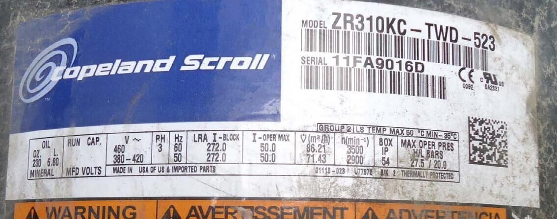 Cooling Copeland Hermetic Scroll  Compressor ZR310KC-TWD-522